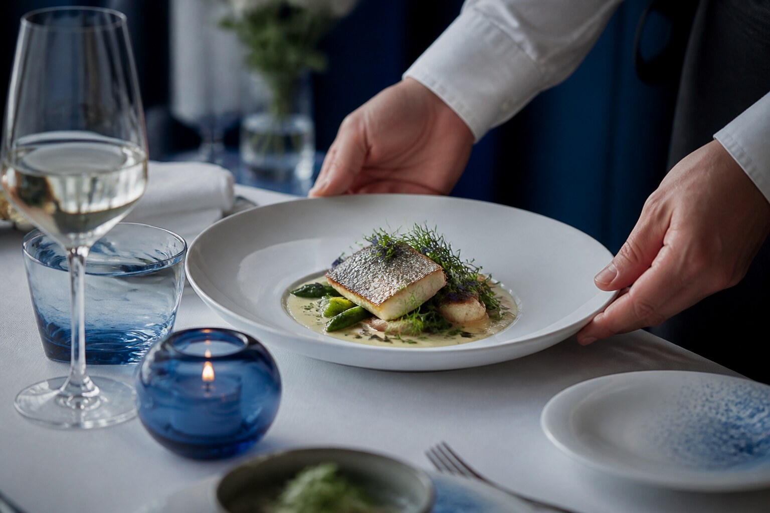 Dorsz z młodymi warzywami podawany przy restauracyjnym stole